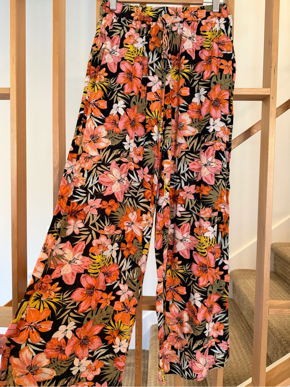 Billabong High Waist, Wide-Leg Floral Pants with Pink, Orange & Yellow Flowers